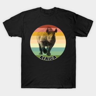 Black Rhino Full Figure on Vintage Retro Africa Sunset T-Shirt